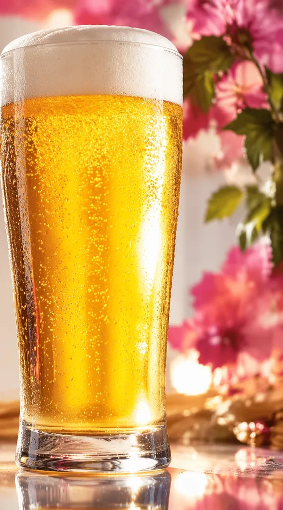 Glass of clear chilled lager with a white foam head