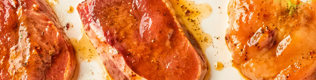 Raw beef, pork and chicken cuts coated in a glossy marinade